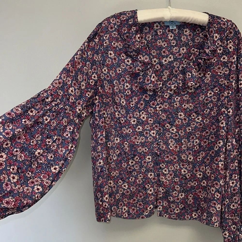 CeCe XL Blue Pink Fuchsia Ruffle V-Neck Neck Long Sleeve Floral Blouse - Picture 5 of 9